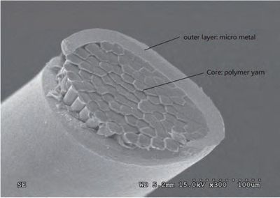 Scanning electron micrograph of a diagonally cut end of the yarn at 300× magnification: the exposed elliptical face of the polymer core, its cell-like texture visible, ringed by the outer layer of micro metal, above the instrument's own 100-micrometre scale bar