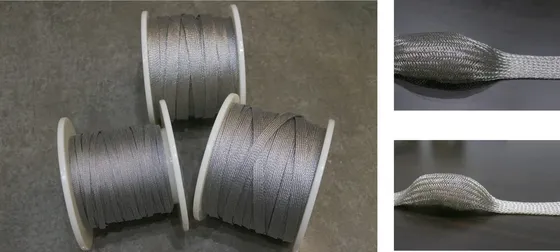 Three spools of flat grey braided tube, beside two close-ups of the braid expanded into a round tube and flattening back into a ribbon
