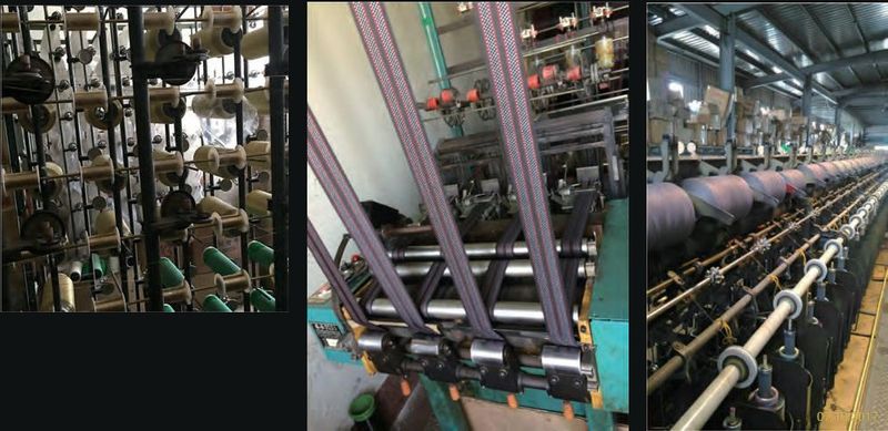 Three factory photographs: a creel rack of bobbins, a narrow-fabric loom running striped webbing over its rollers, and a long row of covering machines under a shed roof
