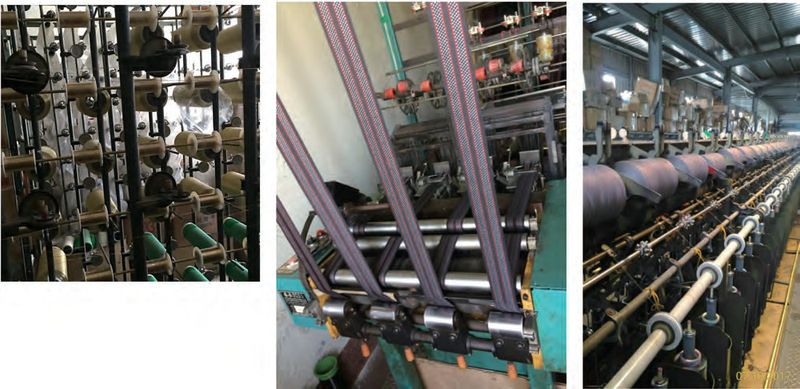 Three photographs of the LiTex plant: a creel rack loaded with bobbins, a narrow-fabric loom drawing striped webbing over its rollers, and a long row of covering machines under a shed roof