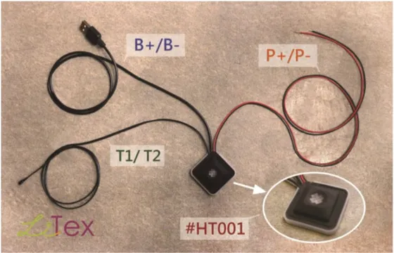 The HT001 switch with its three lead pairs annotated: battery input B+/B-, temperature sensor T1/T2, and heating textile output P+/P-